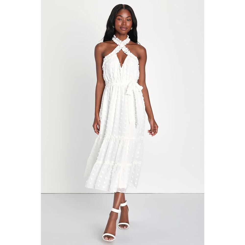 MSRP $79 Lulus Sensational Essence White Clip Dot Tiered Halter Midi Size S
